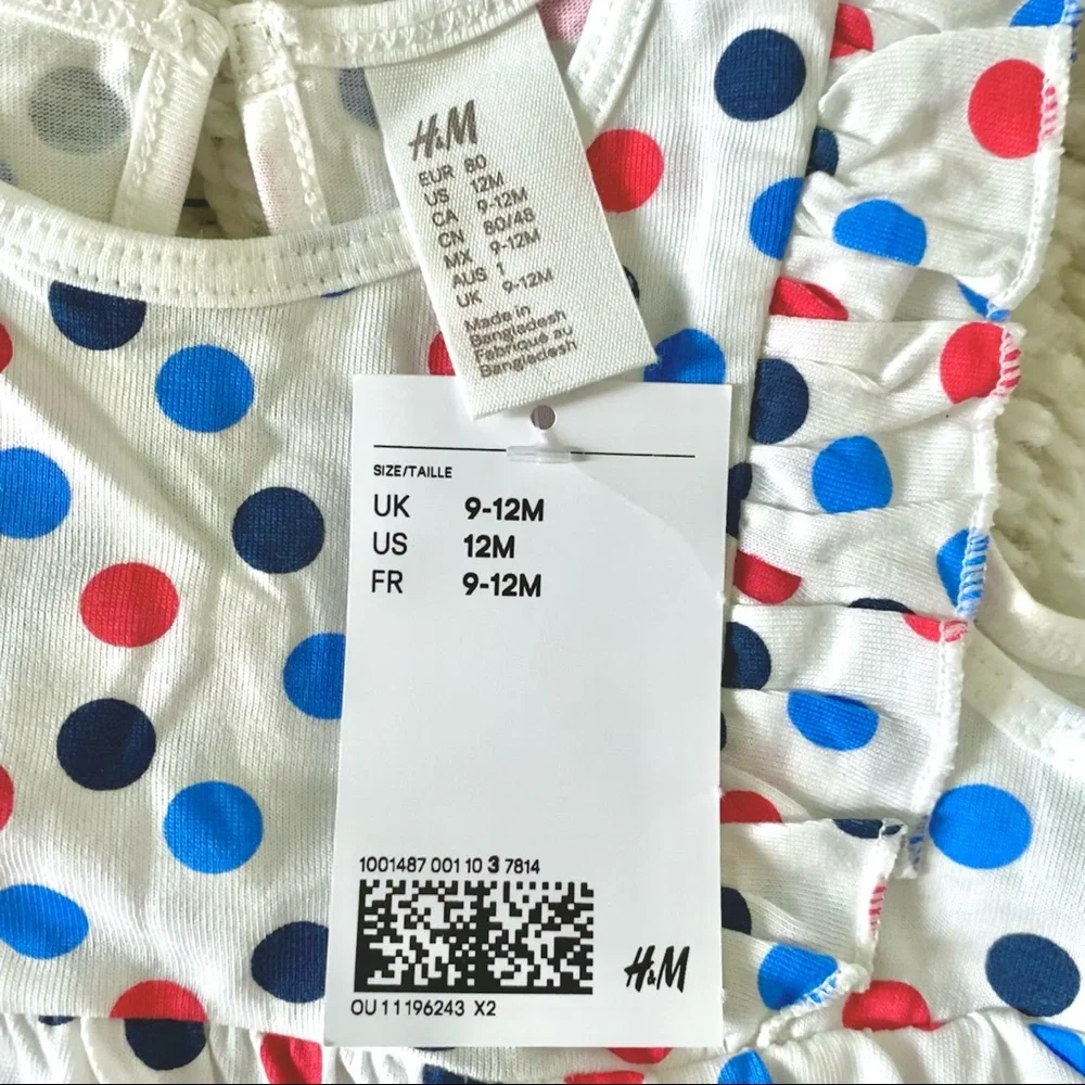 H&M Baby Ruffle-Trimmed Red & Blue Polkadot Short Sleeve Dress Size 9-12M NWT